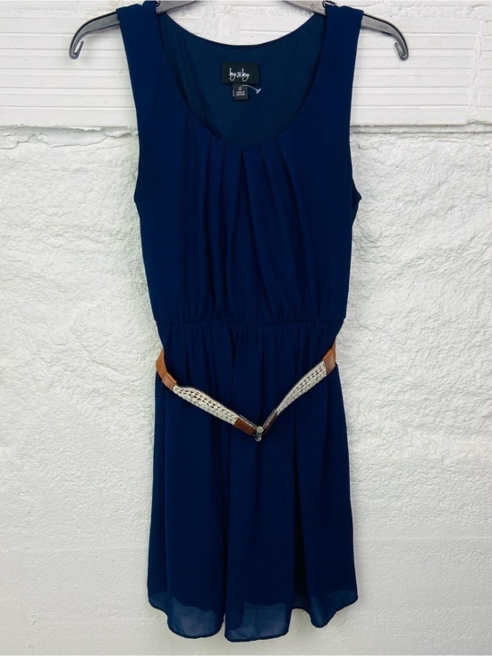 by & by Navy Sleeveless Pleated Waist with belt mini Dress size small